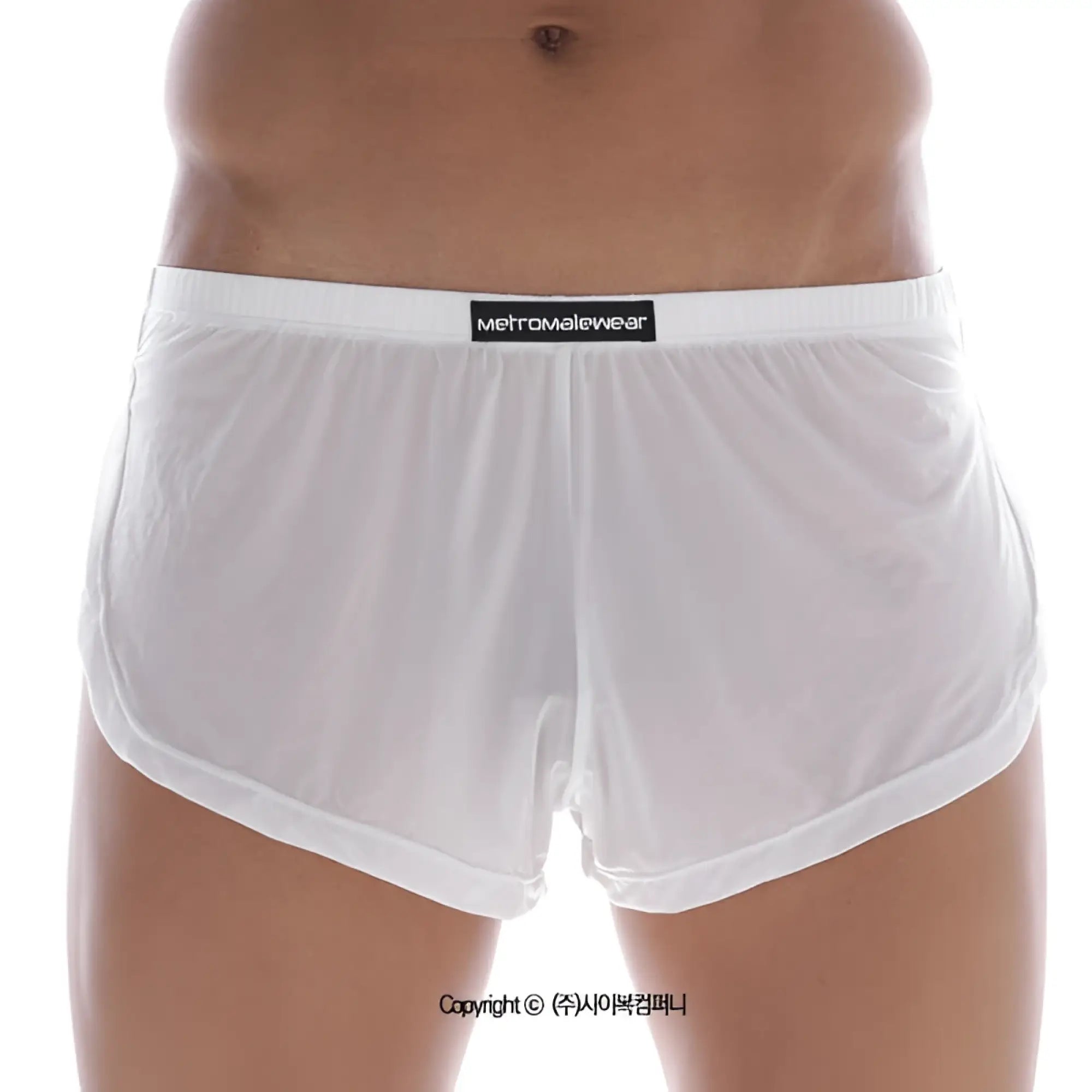 White sheer mens briefs with a black waistband featuring the metromalewear label from MetroMaleWear Lounge Split Boxer White 2008-00