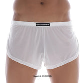White sheer mens briefs with a black waistband featuring the metromalewear label from MetroMaleWear Lounge Split Boxer White 2008-00