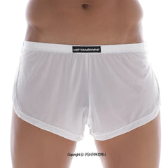 White sheer mens briefs with a black waistband featuring the metromalewear label from MetroMaleWear Lounge Split Boxer White 2008-00