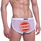 MetroMaleWear lounge split boxer white mesh briefs with red censored stamp and black brand tag metromalewear