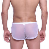 White sheer mesh lounge split boxer briefs with a solid white waistband from MetroMaleWear