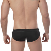 MetroMaleWear lowrise swim brief black with contrasting white stitching on waistband and leg openings in front view