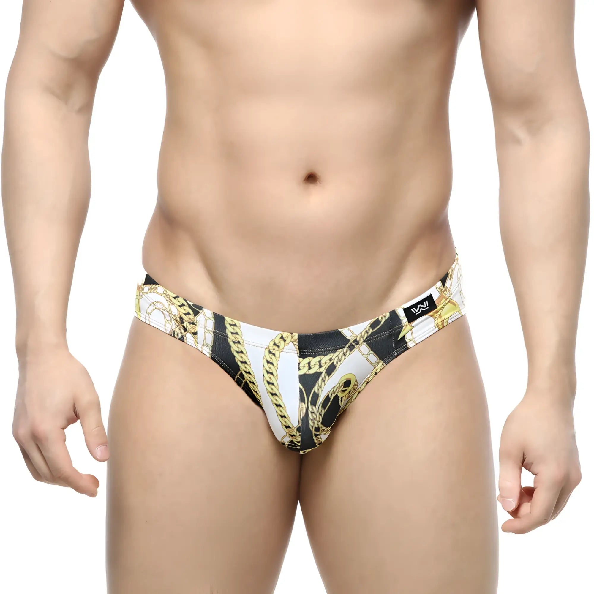 MetroMaleWear Lujo Bikini black swim trunks with bold gold chain pattern in black and white for stylish beachwear