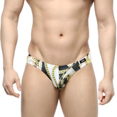MetroMaleWear Lujo Bikini black swim trunks with bold gold chain pattern in black and white for stylish beachwear
