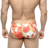 MetroMaleWear Lujo bikini red swim trunks with bold gold chain and anchor pattern in red and white colors
