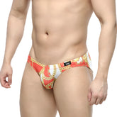MetroMaleWear lujo bikini red swim trunks with bold gold chain pattern in red and white for stylish beachwear