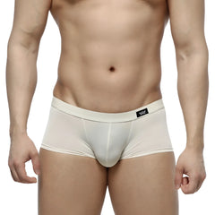 Cream-colored form-fitting mens briefs with smooth stretchy fabric and black logo patch on the waistband by MetroMaleWear