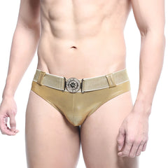 MetroMaleWear Luxor swim briefs in gold metallic fabric with a textured elastic waistband and silver floral buckle
