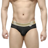 MetroMaleWear luxury hip brief black mesh with a shimmering gold waistband for stylish men’s underwear
