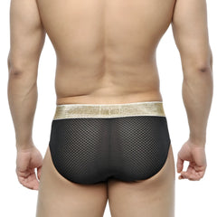Metro male wear luxury hip brief black mesh with shimmering gold waistband showcasing front design