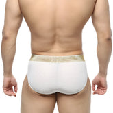 MetroMaleWear luxury white mesh hip briefs with a shimmering gold waistband for stylish comfort and support