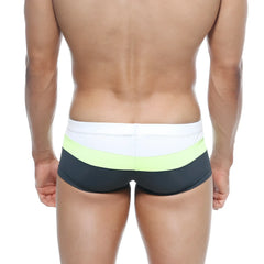 Men’s MetroMaleWear lycos swim trunks with a white waistband and lime green black horizontal stripes