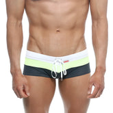 MetroMaleWear lycos men’s swim trunks with white waistband lime green and black stripes and white drawstring ties