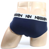 MetroMalewear m25 hip brief in dark blue with white elastic waistband and black asv branding visible on the front