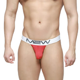 Red m2w brand pocket thong in red with white waistband featuring black lettering for metro male wear 3202-12