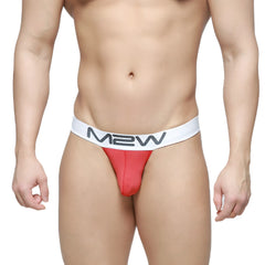 Red m2w brand pocket thong in red with white waistband featuring black lettering for metro male wear 3202-12