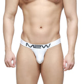 White metroMaleWear m2w pocket thong with gray logo on waistband showing front side
