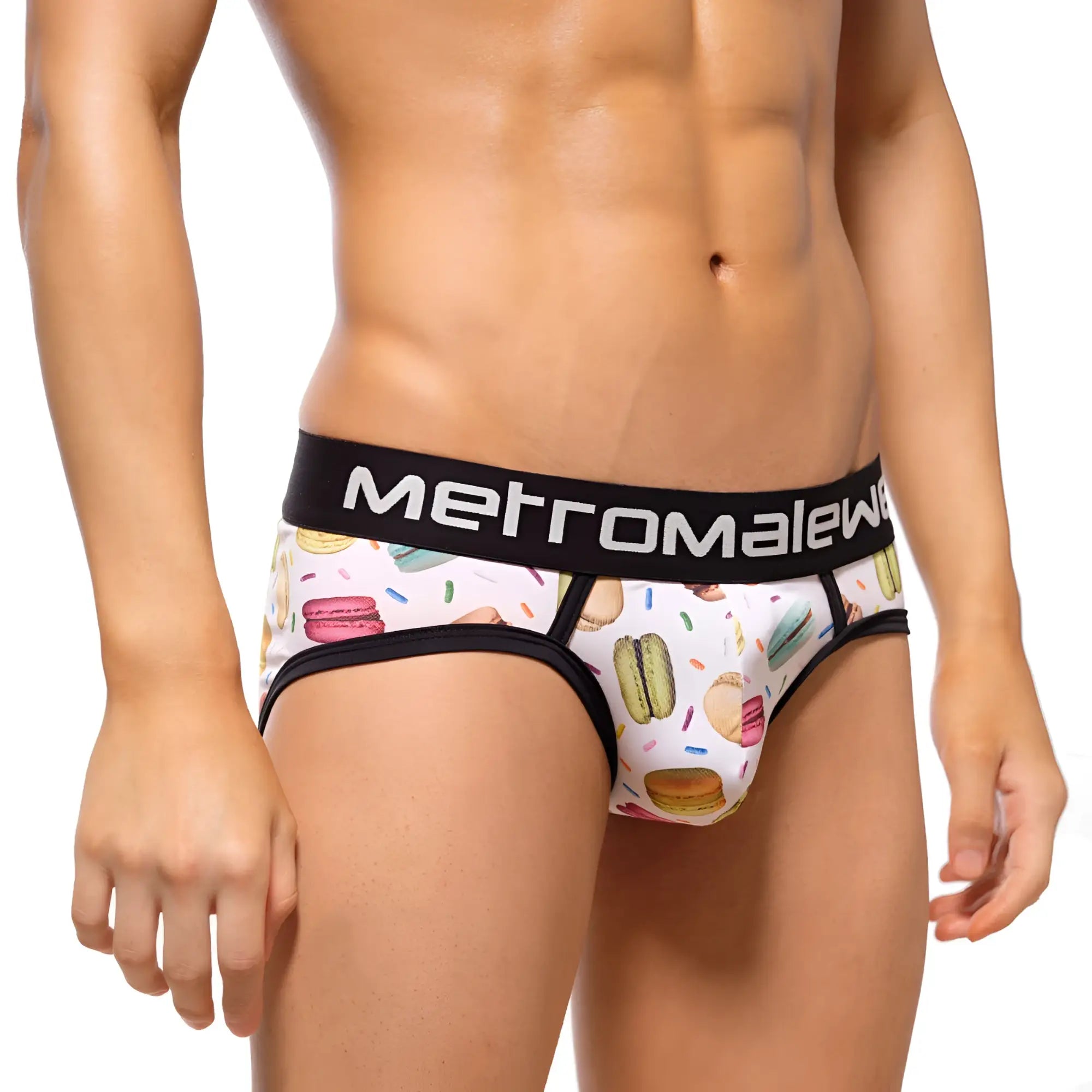 White men’s briefs with playful macaron and sprinkle pattern and black elastic metromalew waistband MetroMaleWear Macaron Brief 9003-32