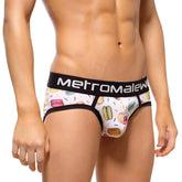 White men’s briefs with playful macaron and sprinkle pattern and black elastic metromalew waistband MetroMaleWear Macaron Brief 9003-32