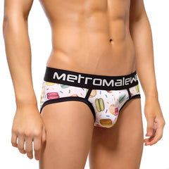White men’s briefs with playful macaron and sprinkle pattern and black elastic metromalew waistband MetroMaleWear Macaron Brief 9003-32