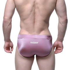 Pink metallic metro malewear madrid swim brief with subtle gradient and white mew logo on waistband