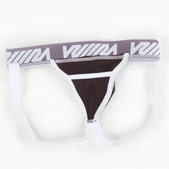 Black and white athletic briefs with gray waistband featuring viiim logo from metromalewear magic jock strap 2911-20
