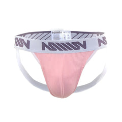 Pink ribbed athletic brief with white waistband and gray n logos from metromalewear magic jock strap marshmallow pink