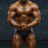 A muscular male bodybuilder wearing black MetroMaleWear magnetic swim bikini 4937-40 with white waistband stripes