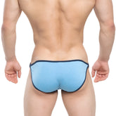 Light blue textured fabric briefs with dark navy trim metro male wear mahana bikini blue 6204-08 front view