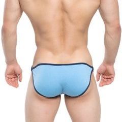 Light blue textured fabric briefs with dark navy trim metro male wear mahana bikini blue 6204-08 front view