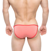 A coral-colored textured brief with bold red trim from metromalewear mahana bikini orange 6204-14 collection