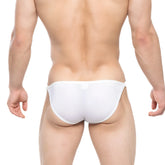 White form-fitting swim trunks with a sleek minimalist design from metromalewear mahana bikini 6204-00