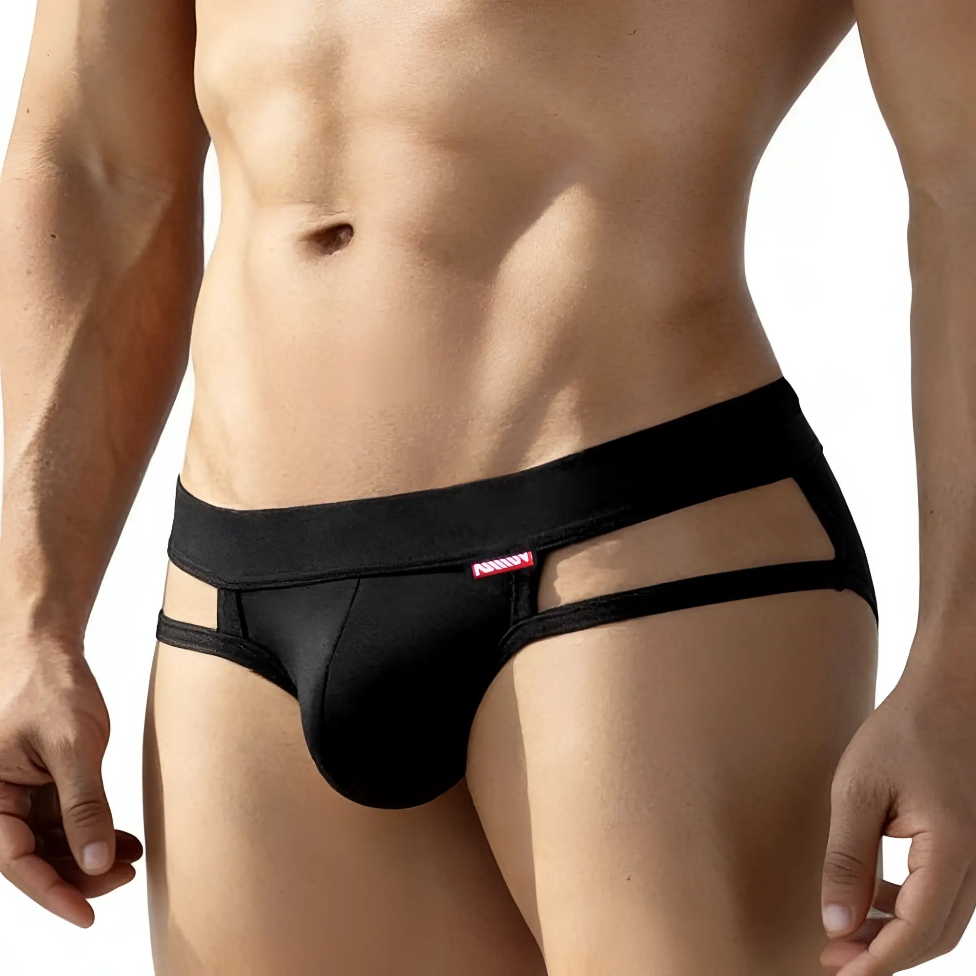 Metro malewear malibu brief black 6625-20 men’s briefs with cutout design and red brand tag in black fabric