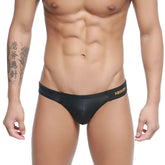 Black leather-like swim trunks with gold branding on waistband metroMalewear malon bikini black 3603-29 front view