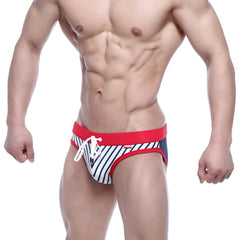 Metro malewear marine blue swim bikini 4920-40 striped swim trunks with red waistband and white drawstring