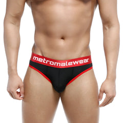 Metro male wear martini brief black 3103-20 features black and red fabric with textured waistband and white brand name