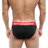 Metro malewear martini brief black with red trim and waistband featuring white metromlewear logo