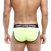 Bright neon yellow metroMaleWear Martini briefs with black trim and waistband featuring white logo lettering