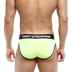 Bright neon yellow metroMaleWear Martini briefs with black trim and waistband featuring white logo lettering
