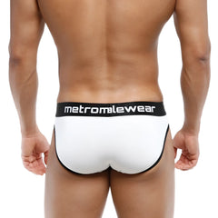 White men’s briefs with black trim and metromalewear logo waistband metro malewear martini brief 3103-00