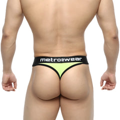 MetroMaleWear Martini thong neon green with black trim and waistband featuring the metro2wear logo
