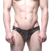 Black lace-trimmed men’s briefs with metallic snake-scale pattern and mesh panels from metromalewear mascara bikini dragon 5103-c02