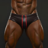 Black leather briefs with a bold red vertical stripe from metromalewear masculino swim bikini red 4922-31