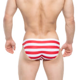Red and white striped swim bikini by MetroMaleWear Maverick made for comfortable beachwear use