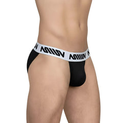 MetroMaleWear Max bikini black briefs with white elastic waistband bold lettering and front mesh panel for men