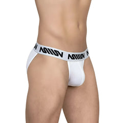 White mesh briefs with a black miiiv logo waistband from metromalewear max bikini 3105-02