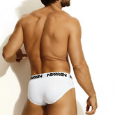 White men’s briefs metro male wear max brief with black miiow logo band in soft breathable fabric