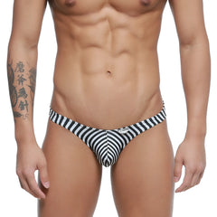 Black and white striped men’s swim trunks by MetroMaleWear with a snug contoured design for enhanced fit