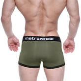 Olive green metro male wear max bulge boxer briefs with black elastic waistband and white branding
