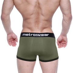 Olive green metro male wear max bulge boxer briefs with black elastic waistband and white branding